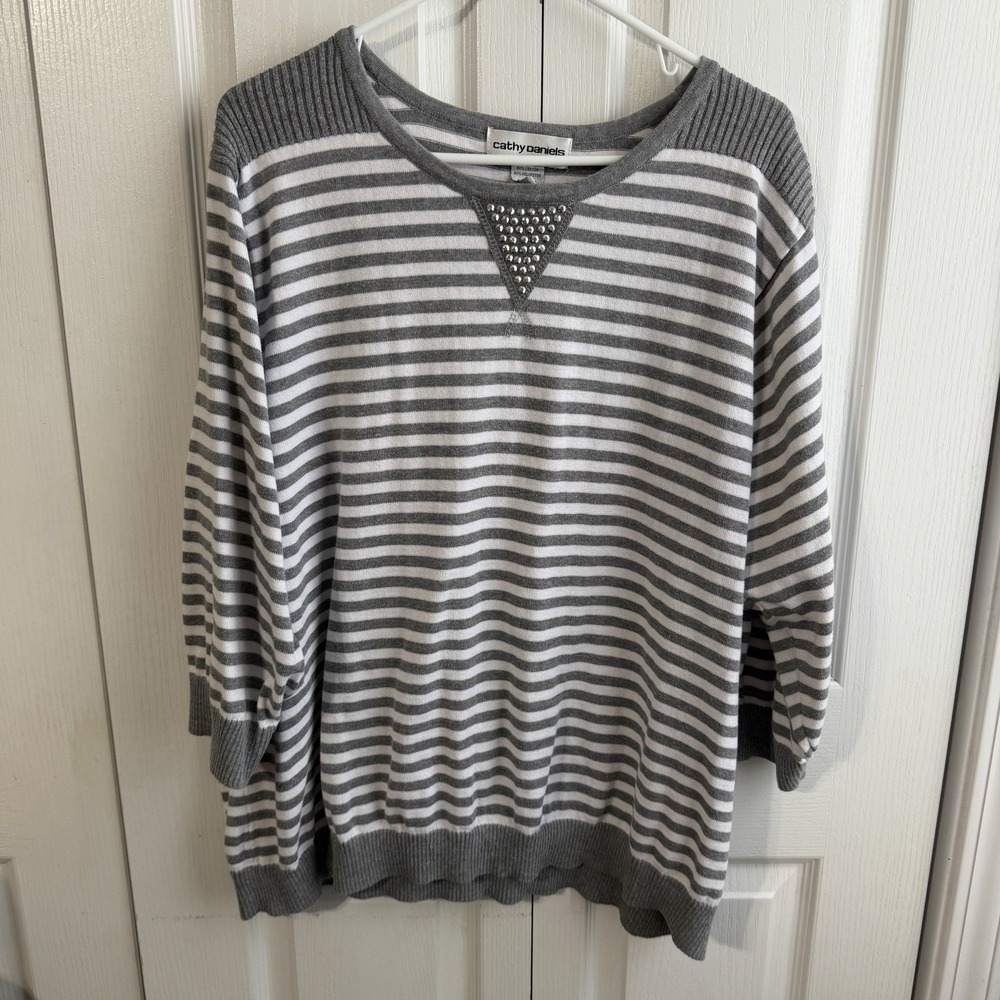 Cathy Daniels Gray White Striped Studded 3/4 Sleeve Sweater Women's Size 3X Boho